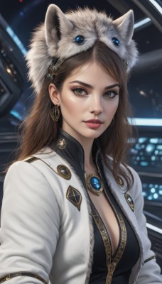 1girl,solo,long hair,breasts,looking at viewer,brown hair,hat,animal ears,cleavage,brown eyes,jewelry,medium breasts,closed mouth,jacket,upper body,earrings,open clothes,necklace,mole,blurry,open jacket,lips,eyelashes,makeup,blurry background,fake animal ears,white jacket,brooch,gem,pendant,freckles,realistic,nose,animal hat,bangs,parted lips,artist name,signature,lipstick,eyeshadow,zipper,red lips