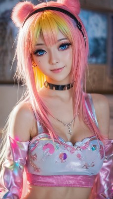 1girl,solo,long hair,breasts,looking at viewer,smile,bangs,blue eyes,blonde hair,animal ears,cleavage,bare shoulders,jewelry,medium breasts,closed mouth,collarbone,upper body,pink hair,multicolored hair,hairband,earrings,detached sleeves,choker,midriff,necklace,mole,blurry,collar,two-tone hair,lips,crop top,mole under eye,gradient hair,makeup,blurry background,fake animal ears,black choker,piercing,cross,black hairband,realistic,mascara,ahoge,indoors,off shoulder,bra,eyelashes,headphones,spikes,sports bra,pink lips,mouse ears