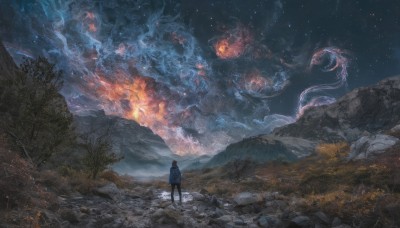 solo,short hair,black hair,long sleeves,1boy,standing,jacket,male focus,outdoors,sky,pants,cloud,hood,from behind,tree,night,cloudy sky,grass,fire,blue jacket,star (sky),nature,night sky,scenery,1other,smoke,starry sky,rock,mountain,fantasy,dragon,facing away,wide shot,ambiguous gender,glowing,monster