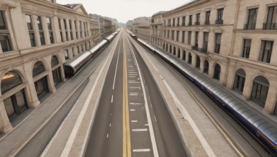 outdoors,sky,day,no humans,window,ground vehicle,building,scenery,city,road,bridge,street,railroad tracks,real world location,vanishing point,cloud,realistic,architecture,train station