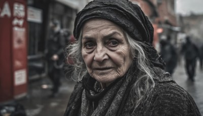 solo,long hair,looking at viewer,1boy,hat,closed mouth,upper body,white hair,grey hair,male focus,outdoors,solo focus,blurry,black eyes,black headwear,depth of field,blurry background,facial hair,ground vehicle,portrait,motor vehicle,realistic,car,old,1girl,scarf,grey eyes,old man,old woman,wrinkled skin