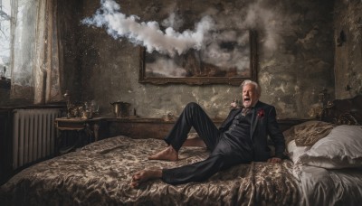 solo,shirt,1boy,jewelry,sitting,jacket,male focus,barefoot,pants,indoors,necklace,black jacket,pillow,window,bed,bed sheet,facial hair,on bed,formal,suit,cross,smoke,cigarette,realistic,mustache,smoking,bald,picture frame,painting (object),cigar,open mouth,blonde hair,flower,white hair,multicolored hair