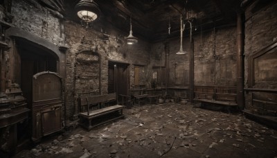 indoors,book,dutch angle,no humans,window,chair,scenery,stairs,door,lamp,ruins,ceiling,ceiling light,chandelier,monochrome,table,building,light,pillar