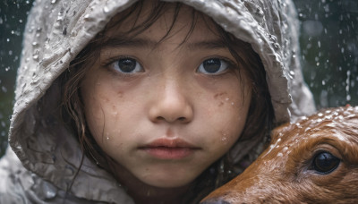 1girl, solo, looking at viewer, blue eyes, brown hair, hood, mole, black eyes, lips, animal, portrait, snow, close-up, hood up, freckles, snowing, realistic, nose, dirty