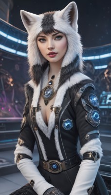 1girl,solo,breasts,looking at viewer,short hair,bangs,blue eyes,black hair,gloves,long sleeves,animal ears,cleavage,jewelry,medium breasts,sitting,jacket,small breasts,parted lips,belt,hood,blurry,lips,coat,grey eyes,fur trim,makeup,night,blurry background,lipstick,gem,buckle,hood up,animal hood,realistic,nose,red lips,cat hood,teeth,pants,fingerless gloves,necklace,neon lights