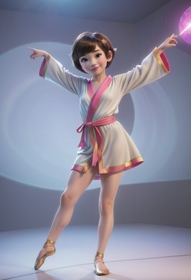 1girl,solo,looking at viewer,smile,short hair,bangs,brown hair,hair ornament,long sleeves,brown eyes,standing,full body,wide sleeves,lips,sash,sandals,pointing,realistic,nose,dancing,orb,watermark,outstretched arms,aged down,energy ball