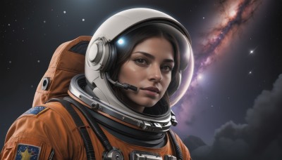 1girl,solo,looking at viewer,brown hair,black hair,brown eyes,upper body,parted lips,sky,cloud,signature,star (symbol),lips,night,helmet,star (sky),night sky,headset,starry sky,science fiction,realistic,nose,space,spacesuit,space helmet,astronaut,backpack,portrait,smoke,planet,american flag,spacecraft,shooting star,united states