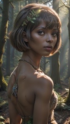 1girl,solo,breasts,looking at viewer,short hair,bangs,brown hair,hair ornament,bare shoulders,brown eyes,jewelry,upper body,small breasts,outdoors,parted lips,teeth,day,looking back,artist name,necklace,from behind,blurry,tree,lips,leaf,back,sunlight,bob cut,plant,nature,forest,backlighting,freckles,realistic,nose,bare back,dappled sunlight,tribal,dress,earrings,fur trim,tattoo,bug,butterfly,shoulder blades