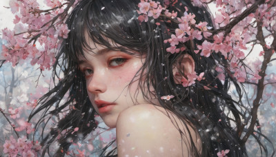 1girl, solo, long hair, looking at viewer, bangs, black hair, bare shoulders, brown eyes, upper body, flower, parted lips, looking back, from side, lips, petals, cherry blossoms, portrait, realistic, nose, branch