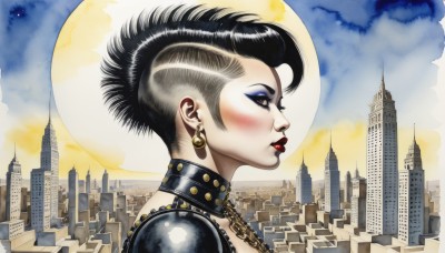 1girl,solo,blush,short hair,black hair,jewelry,earrings,sky,choker,cloud,collar,from side,lips,profile,makeup,chain,moon,lipstick,building,portrait,full moon,eyeshadow,city,cityscape,upper body,horns,eyelashes,pale skin,realistic,skyscraper,mascara,skyline