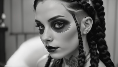 1girl,solo,long hair,looking at viewer,jewelry,closed mouth,monochrome,braid,greyscale,earrings,parted lips,indoors,necklace,blurry,twin braids,lips,eyelashes,tattoo,makeup,depth of field,blurry background,piercing,lipstick,ear piercing,portrait,nose,mascara,neck tattoo,dreadlocks,nose piercing,lip piercing,multiple braids,smile,multicolored hair,teeth,close-up,eyeshadow,hair behind ear