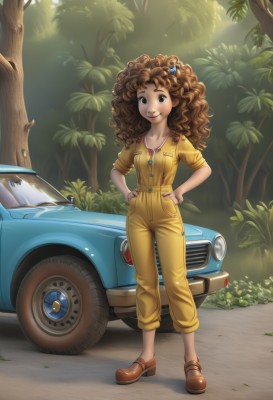 1girl,solo,long hair,smile,brown hair,hair ornament,brown eyes,jewelry,standing,full body,outdoors,shoes,dark skin,dark-skinned female,tree,lips,sunlight,ground vehicle,nature,motor vehicle,sleeves rolled up,forest,curly hair,hands on hips,watch,car,overalls,vehicle focus,jumpsuit,afro,sports car,looking at viewer,hairband,leaf,plant,zipper