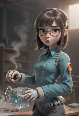 mei (overwatch),1girl,solo,breasts,looking at viewer,smile,short hair,bangs,brown hair,shirt,gloves,long sleeves,holding,brown eyes,medium breasts,cowboy shot,small breasts,parted lips,glasses,collared shirt,belt,pants,artist name,indoors,medium hair,nail polish,blurry,lips,book,fur trim,makeup,blue shirt,steam,smoke,half updo,black-framed eyewear,cigarette,nose,round eyewear,bookshelf,grey pants,bullet,black pants,robot,semi-rimless eyewear,cyborg