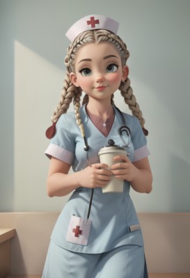 1girl,solo,long hair,breasts,looking at viewer,smile,blue eyes,skirt,blonde hair,brown hair,shirt,hat,dress,holding,closed mouth,standing,braid,short sleeves,cowboy shot,small breasts,indoors,twin braids,cup,lips,blue skirt,blue dress,cross,holding cup,forehead,pocket,nose,nurse cap,nurse,disposable cup,stethoscope,red cross,blush,hairband,artist name,flat chest,makeup,buttons,thick eyebrows,red lips