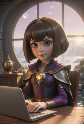 1girl,solo,looking at viewer,blush,short hair,bangs,brown hair,long sleeves,brown eyes,jewelry,sitting,closed mouth,upper body,sky,artist name,cloud,indoors,cape,armor,lips,window,capelet,chair,moon,table,bob cut,plant,shoulder armor,desk,backlighting,sun,computer,crescent moon,laptop,purple cape,dress,book,sunlight,thick eyebrows,pauldrons,nose