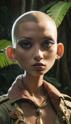 1girl,solo,looking at viewer,short hair,1boy,jewelry,closed mouth,green eyes,jacket,upper body,white hair,male focus,earrings,outdoors,dark skin,necklace,mole,blurry,lips,eyelashes,mole under eye,makeup,blurry background,leaf,portrait,nature,androgynous,eyeshadow,forest,freckles,realistic,very short hair,brown eyes,tree,sunlight,plant,lipstick,backlighting,eyeliner,facepaint,dappled sunlight,mascara,buzz cut