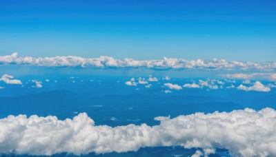 monochrome,outdoors,sky,day,cloud,water,blue sky,no humans,bird,ocean,cloudy sky,scenery,blue theme,horizon,landscape,above clouds