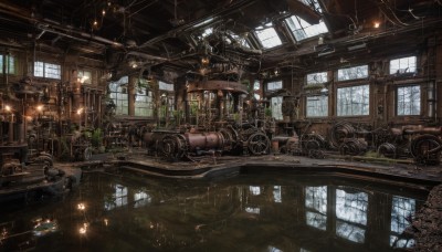 indoors,tree,no humans,window,table,sunlight,plant,ground vehicle,scenery,science fiction,stairs,aircraft,railing,lamp,ruins,bridge,gears,ceiling,chandelier,overgrown,steampunk,signature,water,chair,clock,industrial pipe