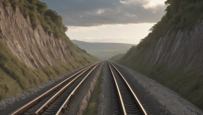 outdoors,sky,day,cloud,tree,blue sky,no humans,cloudy sky,grass,nature,scenery,forest,mountain,road,bridge,river,landscape,railroad tracks,sunlight