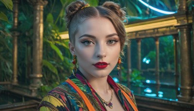 1girl,solo,looking at viewer,short hair,brown hair,brown eyes,jewelry,closed mouth,upper body,earrings,outdoors,necklace,hair bun,blurry,lips,makeup,depth of field,blurry background,single hair bun,plant,lipstick,portrait,realistic,nose,red lips,updo,parted lips,double bun,pillar