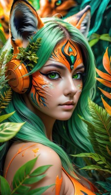 1girl,solo,long hair,breasts,looking at viewer,animal ears,bare shoulders,medium breasts,closed mouth,green eyes,upper body,green hair,artist name,blurry,from side,lips,fox ears,eyelashes,makeup,headphones,leaf,facial mark,slit pupils,portrait,eyeshadow,freckles,nose,tiger ears,bangs,hair ornament,signature,orange hair,depth of field,watermark,tank top,plant,gem,nature,web address,headset,headpiece,forehead jewel,mascara