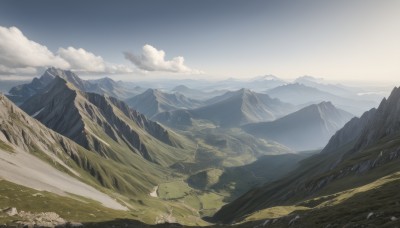 outdoors,sky,day,cloud,tree,blue sky,no humans,cloudy sky,grass,nature,scenery,rock,mountain,road,landscape,mountainous horizon,hill