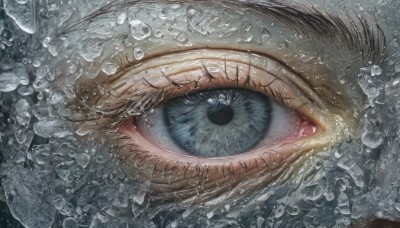 solo,looking at viewer,blue eyes,1boy,water,eyelashes,close-up,1other,reflection,bubble,ice,water drop,eye focus,male focus,no humans