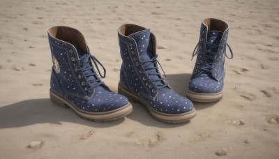 boots,outdoors,shoes,black footwear,no humans,shadow,sneakers,cross-laced footwear,blue footwear,sand,lace-up boots,foot focus,star print,still life,dust,shoelaces,feet,toes,close-up,footprints