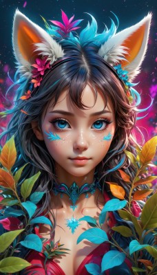 1girl,solo,long hair,breasts,looking at viewer,bangs,blue eyes,brown hair,black hair,hair ornament,animal ears,cleavage,medium breasts,closed mouth,collarbone,upper body,flower,hairband,choker,artist name,hair flower,lips,animal ear fluff,fox ears,eyelashes,makeup,leaf,watermark,facial mark,plant,portrait,star (sky),web address,freckles,pink lips,nose,red lips,mascara,facepaint