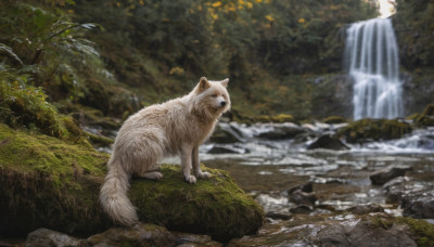 outdoors, day, water, blurry, tree, no humans, animal, nature, scenery, dog, rock, realistic, animal focus, waterfall