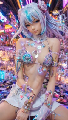 1girl,solo,long hair,breasts,looking at viewer,bangs,blue eyes,skirt,hair ornament,navel,bare shoulders,jewelry,medium breasts,sitting,blue hair,swimsuit,white hair,bikini,multicolored hair,parted lips,nail polish,blurry,bracelet,two-tone hair,lips,streaked hair,detached collar,blurry background,ring,bikini top only,armlet,science fiction,cyberpunk,cleavage,hair between eyes,twintails,closed mouth,small breasts,outdoors,shorts,artist name,miniskirt,fingernails,head tilt,depth of field,watermark,gem,bandaid,web address,pink nails,zipper,realistic,nose,android,city lights,nail art