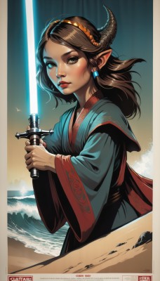 1girl,solo,long hair,looking at viewer,brown hair,holding,brown eyes,weapon,hairband,outdoors,horns,pointy ears,sword,artist name,wide sleeves,water,holding weapon,lips,makeup,glowing,bird,ocean,watermark,beach,holding sword,hair tubes,lipstick,web address,robe,nose,sand,red lips,glowing weapon,energy sword,lightsaber,blue eyes,long sleeves,jewelry,earrings,realistic,tunic,desert