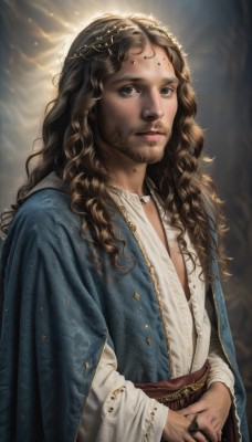 solo,long hair,looking at viewer,brown hair,long sleeves,1boy,brown eyes,jewelry,closed mouth,upper body,male focus,signature,necklace,blurry,black eyes,lips,blurry background,facial hair,wavy hair,own hands together,beard,curly hair,robe,circlet,realistic,cape,freckles,stubble