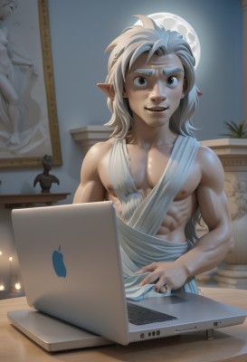 solo,long hair,looking at viewer,smile,open mouth,1boy,brown eyes,jewelry,nipples,collarbone,white hair,grey hair,male focus,teeth,pointy ears,artist name,indoors,muscular,night,abs,moon,table,ring,thick eyebrows,pectorals,muscular male,elf,full moon,candle,computer,laptop,parted lips,lips,meme,realistic