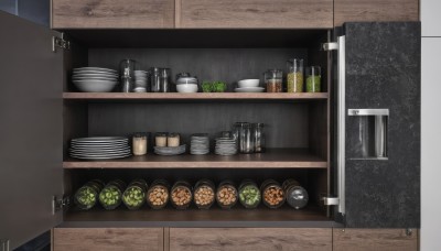 food,indoors,no humans,bottle,scenery,plate,door,kitchen,food focus,vegetable,still life,sink,refrigerator,stove,cutting board,artist name,table,bowl,can,shelf,jar