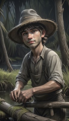 solo,looking at viewer,short hair,brown hair,shirt,black hair,1boy,hat,brown eyes,closed mouth,standing,white shirt,male focus,outdoors,parted lips,collared shirt,water,black eyes,tree,facial hair,nature,grey shirt,beard,sleeves rolled up,forest,freckles,realistic,fence,stubble,brown headwear,straw hat,overalls,dirty,pants,lips,grass,rope,nose,sleeves pushed up,dirty face,log