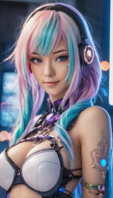 1girl,solo,long hair,breasts,looking at viewer,smile,bangs,blue eyes,large breasts,cleavage,bare shoulders,medium breasts,closed mouth,underwear,blue hair,upper body,pink hair,multicolored hair,bra,blurry,two-tone hair,lips,streaked hair,grey eyes,eyelashes,aqua hair,tattoo,gradient hair,makeup,blurry background,headphones,armlet,realistic,nose,jewelry,facial mark