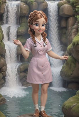 1girl,solo,long hair,breasts,looking at viewer,smile,blue eyes,brown hair,dress,jewelry,closed mouth,standing,full body,braid,short sleeves,earrings,small breasts,outdoors,shoes,glasses,socks,water,nail polish,twin braids,lips,buttons,brown footwear,white socks,child,pink dress,freckles,pocket,round eyewear,collared dress,female child,badge,waterfall,button badge,stream,shirt,day,artist name,thick eyebrows,forehead,rock,crown braid