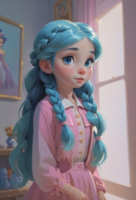 1girl,solo,long hair,looking at viewer,blush,smile,bangs,blue eyes,skirt,shirt,long sleeves,very long hair,closed mouth,blue hair,standing,braid,day,shiny,artist name,indoors,blurry,twin braids,flat chest,lips,eyelashes,window,aqua hair,blurry background,sunlight,thick eyebrows,suspenders,curtains,pink skirt,freckles,pink shirt,female child,picture frame,painting (object),dress,upper body,pleated skirt,puffy sleeves,collared shirt,shiny hair,parted bangs,buttons,pink lips