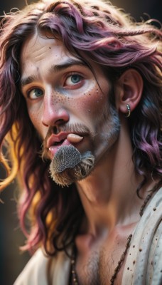 solo,long hair,looking at viewer,blue eyes,brown hair,shirt,1boy,jewelry,white shirt,upper body,purple hair,male focus,multicolored hair,earrings,parted lips,necklace,mole,blurry,lips,facial hair,piercing,messy hair,portrait,beard,freckles,realistic,nose,mustache,chest hair,mole on cheek,artist name,mouth hold,curly hair