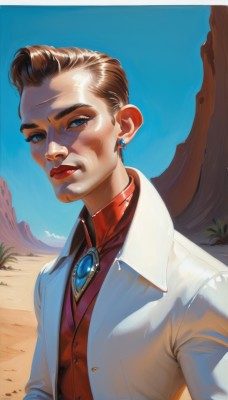 1girl,solo,looking at viewer,short hair,blue eyes,brown hair,shirt,jewelry,closed mouth,jacket,upper body,earrings,outdoors,sky,day,blue sky,lips,makeup,formal,white jacket,suit,lipstick,brooch,red shirt,mountain,realistic,nose,labcoat,red lips,desert,long sleeves,1boy,male focus,open clothes,shiny,collared shirt,signature,vest,thick eyebrows,gem,red vest,stud earrings,very short hair