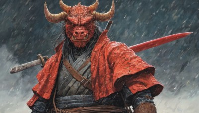 solo,black hair,1boy,upper body,weapon,male focus,outdoors,japanese clothes,horns,sword,kimono,armor,mask,holding sword,katana,sheath,snow,rain,sheathed,oni,snowing,fake horns,scabbard,weapon on back,oni mask,samurai,looking at viewer,holding,belt,holding weapon,facial hair,fangs,beard,furry,monster,furry male,tusks