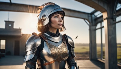 1girl,solo,short hair,bangs,blue eyes,brown hair,brown eyes,closed mouth,upper body,outdoors,day,armor,blurry,lips,looking to the side,window,blurry background,bird,sunlight,helmet,feathers,shoulder armor,building,lens flare,pauldrons,breastplate,realistic,nose,knight,full armor,gorget,chainmail,plate armor,visor (armor),black hair