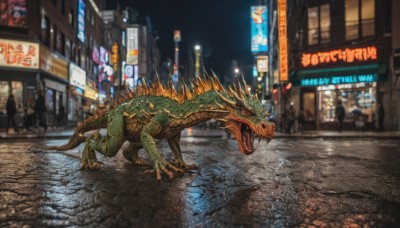 open mouth,tail,outdoors,horns,teeth,blurry,no humans,night,fangs,sharp teeth,ground vehicle,building,motor vehicle,claws,monster,city,sign,realistic,dragon,car,road,scales,street,photo background,neon lights,real world location,kaijuu,spikes,rain,cityscape,city lights,crosswalk