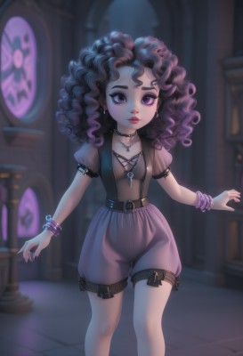 1girl,solo,long hair,breasts,looking at viewer,brown hair,shirt,black hair,jewelry,closed mouth,standing,purple eyes,collarbone,purple hair,short sleeves,multicolored hair,earrings,small breasts,shorts,choker,puffy sleeves,belt,artist name,signature,necklace,nail polish,blurry,flat chest,collar,bracelet,puffy short sleeves,lips,fingernails,see-through,eyelashes,makeup,thigh strap,depth of field,blurry background,feet out of frame,wavy hair,lipstick,messy hair,buckle,pink nails,pendant,eyeshadow,curly hair,black belt,belt buckle,pink lips,red lips,eyeliner,mascara,gothic,stained glass,purple shorts,puffy shorts,indoors,thigh gap,cross,cross earrings,high-waist shorts