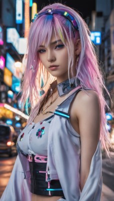 1girl,solo,long hair,breasts,looking at viewer,bangs,blue eyes,jewelry,medium breasts,upper body,pink hair,multicolored hair,hairband,earrings,outdoors,sleeveless,midriff,necklace,blurry,lips,crop top,blurry background,corset,realistic,shirt,navel,bare shoulders,closed mouth,belt,vest,collar,eyelashes,detached collar,night,depth of field,piercing,city,badge