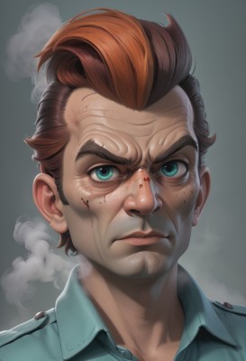 solo,looking at viewer,short hair,blue eyes,simple background,brown hair,shirt,1boy,closed mouth,green eyes,male focus,multicolored hair,collared shirt,artist name,grey background,aqua eyes,lips,blood,thick eyebrows,blue shirt,portrait,steam,smoke,freckles,serious,injury,blood on face,realistic,nose,facial hair,mustache,manly