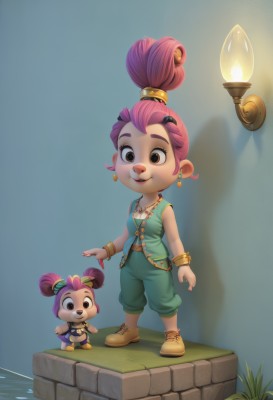 1girl,smile,short hair,multiple girls,shirt,hair ornament,holding,2girls,brown eyes,jewelry,standing,full body,pink hair,purple hair,earrings,shoes,teeth,sleeveless,pants,artist name,necklace,hair bun,bracelet,shadow,brown footwear,grass,child,dual persona,female child,candle,solo,open mouth,navel,boots,belt,water,vest,watermark,freckles,green pants