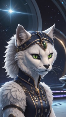 1girl,solo,looking at viewer,animal ears,jewelry,closed mouth,green eyes,upper body,artist name,signature,no humans,animal,cat,slit pupils,gem,star (sky),furry,starry sky,colored sclera,animal focus,white fur,whiskers,breasts,sky,cat ears,animal ear fluff,cat girl,space