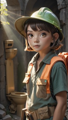 1girl,solo,looking at viewer,short hair,bangs,brown hair,shirt,black hair,hat,brown eyes,closed mouth,upper body,short sleeves,outdoors,day,collared shirt,belt,bag,vest,lips,sunlight,helmet,blue shirt,freckles,pocket,pouch,light rays,realistic,breast pocket,sunbeam,ruins,belt pouch,thick eyebrows,backpack,zipper,zipper pull tab